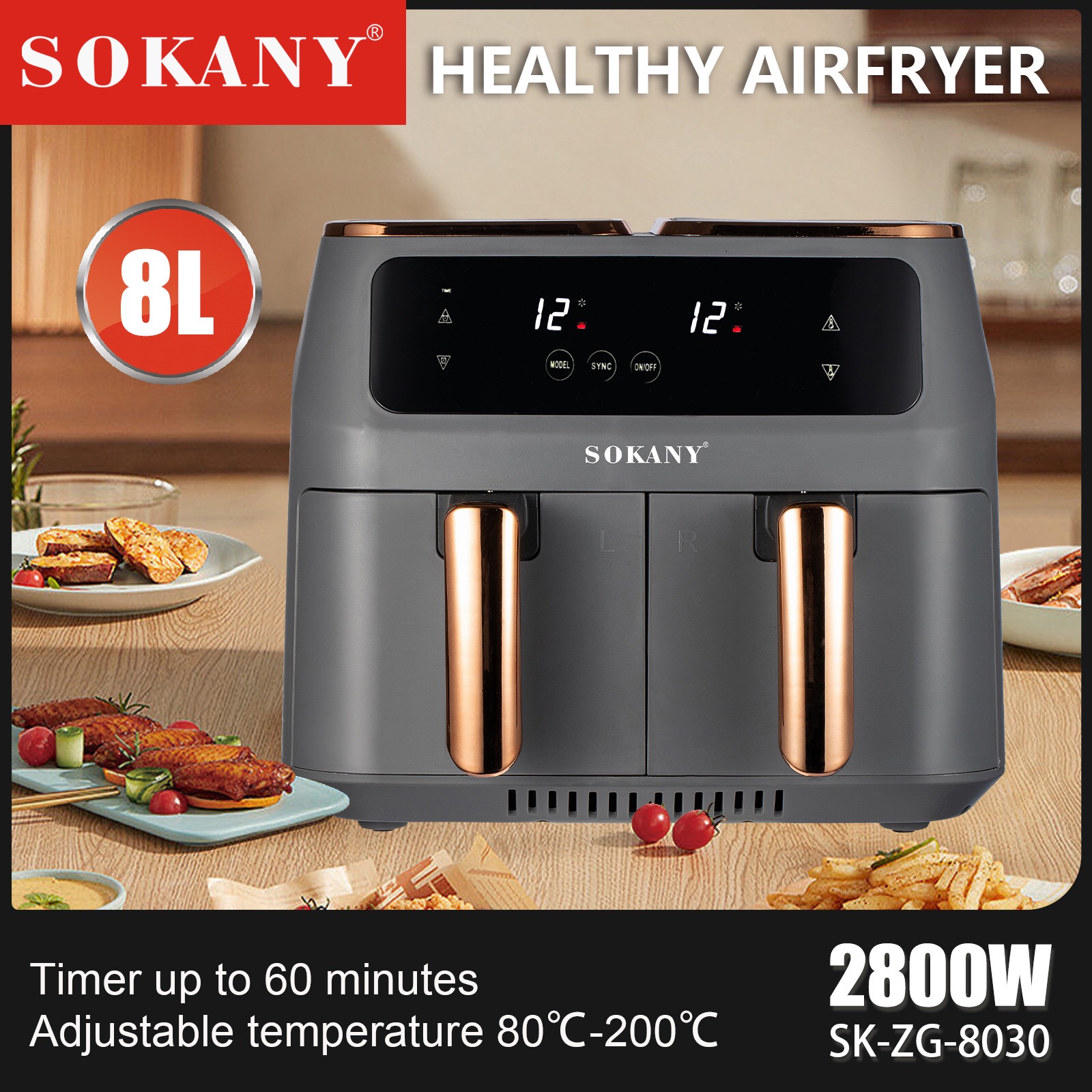 【WANNASHOP】SOKANY8030 air fryer household automatic multifunctional 8L large capacity fryer double boiler design